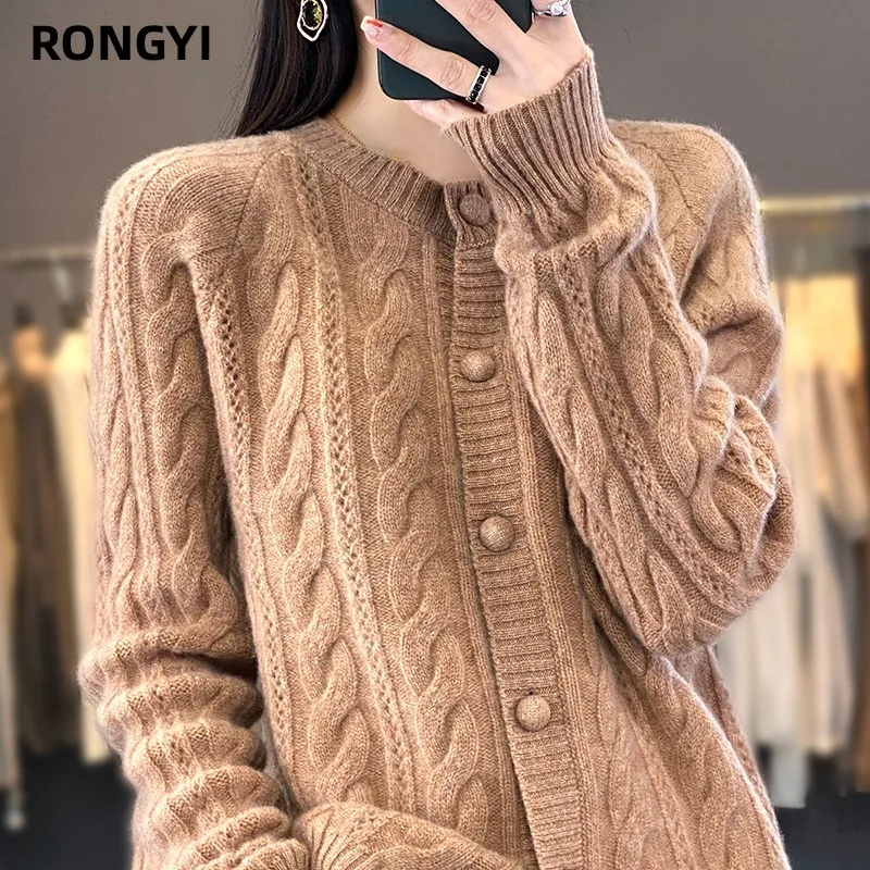RONGYI 100% 울 캐시미어 가디건, 라지 사이즈 트위스트 코트, 하이엔드 니트웨어, 스웨터 셔츠, 루즈한 여성 두꺼운 상의, 가을 겨울 신상