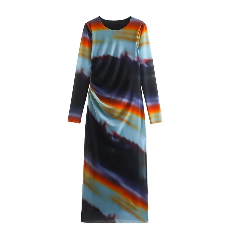 

Autumn and winter women's new round neck long-sleeved pleated slim fashion casual twill mesh print dress