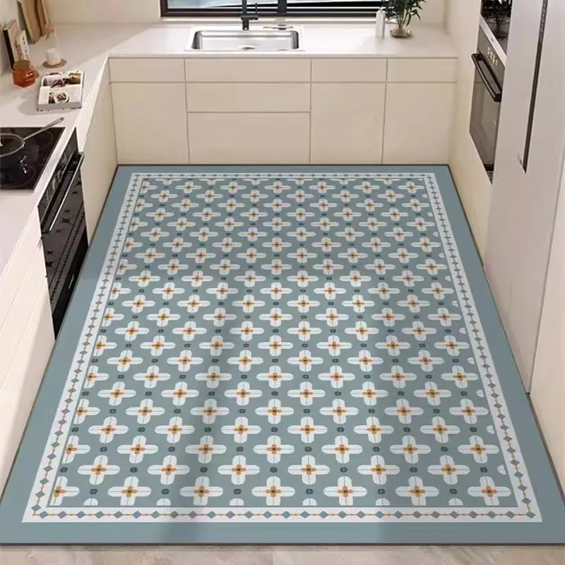 PVC Kitchen Floor Mat European Retro Floral Geometric Waterproof Oil-resistant Bathroom Carpet Firm Non-slip  Balcony Rugs Tapis