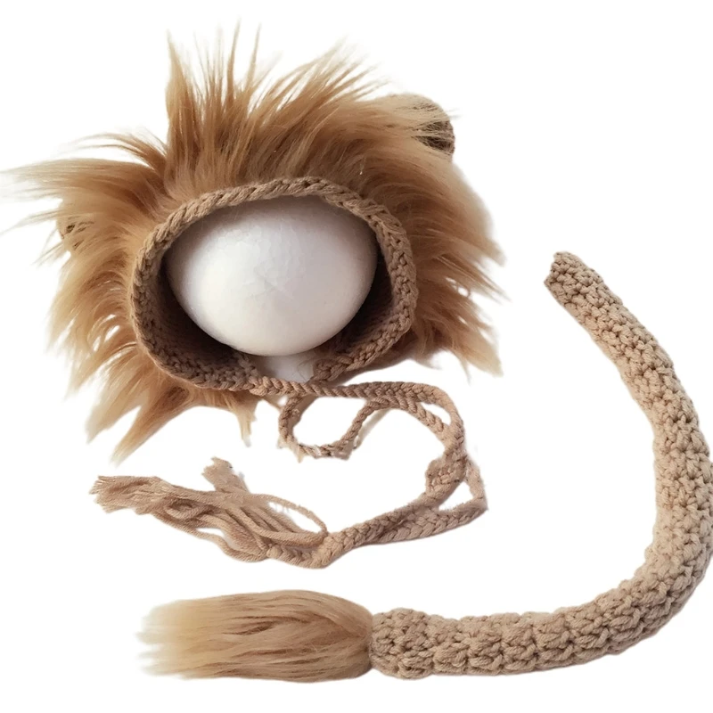 

2 Pcs Baby Props Lion Hat Tail Set Newborn Photography Costumes Handmade Knitted Clothes Boys Girls Photo Outfits Y55B