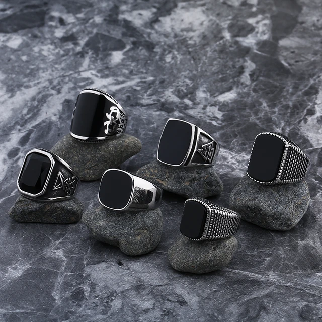 Bagues en acier inoxydable avec pierre d'agate noire pour hommes et femmes, bijoux de mariage de haute qualité, cadeaux simples, mode, livraison directe