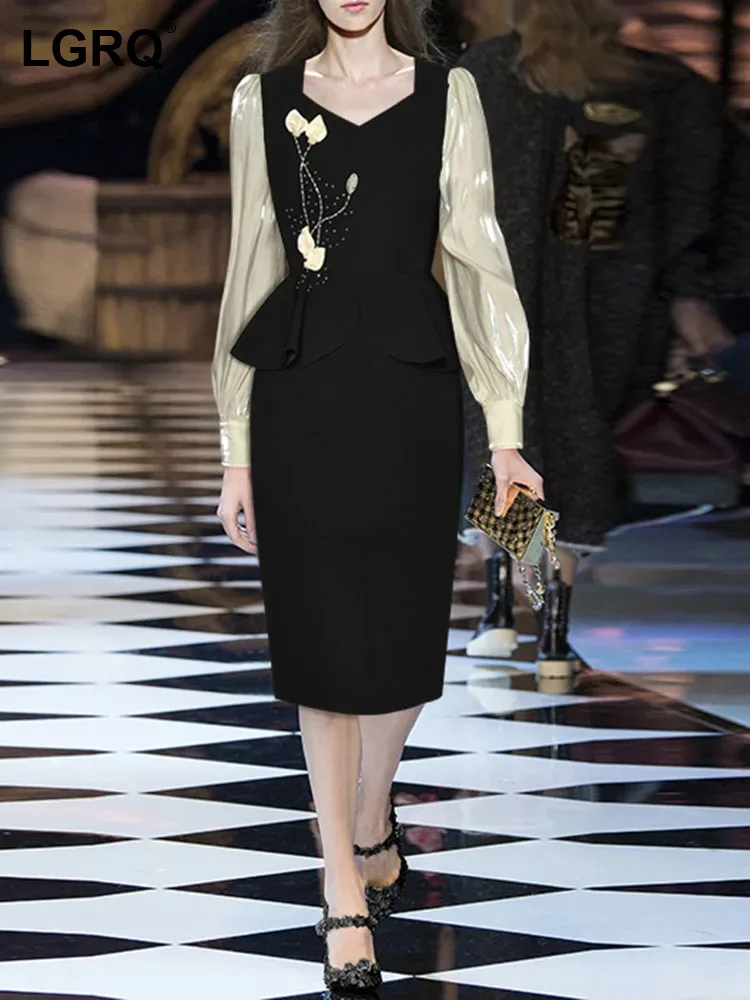 

LGRQ Colorblock Sprinting Fake Two Piece Dresses For Women Long Sleeve Round Neck High Waist Eleagnt Dress Female New 3WQ9499