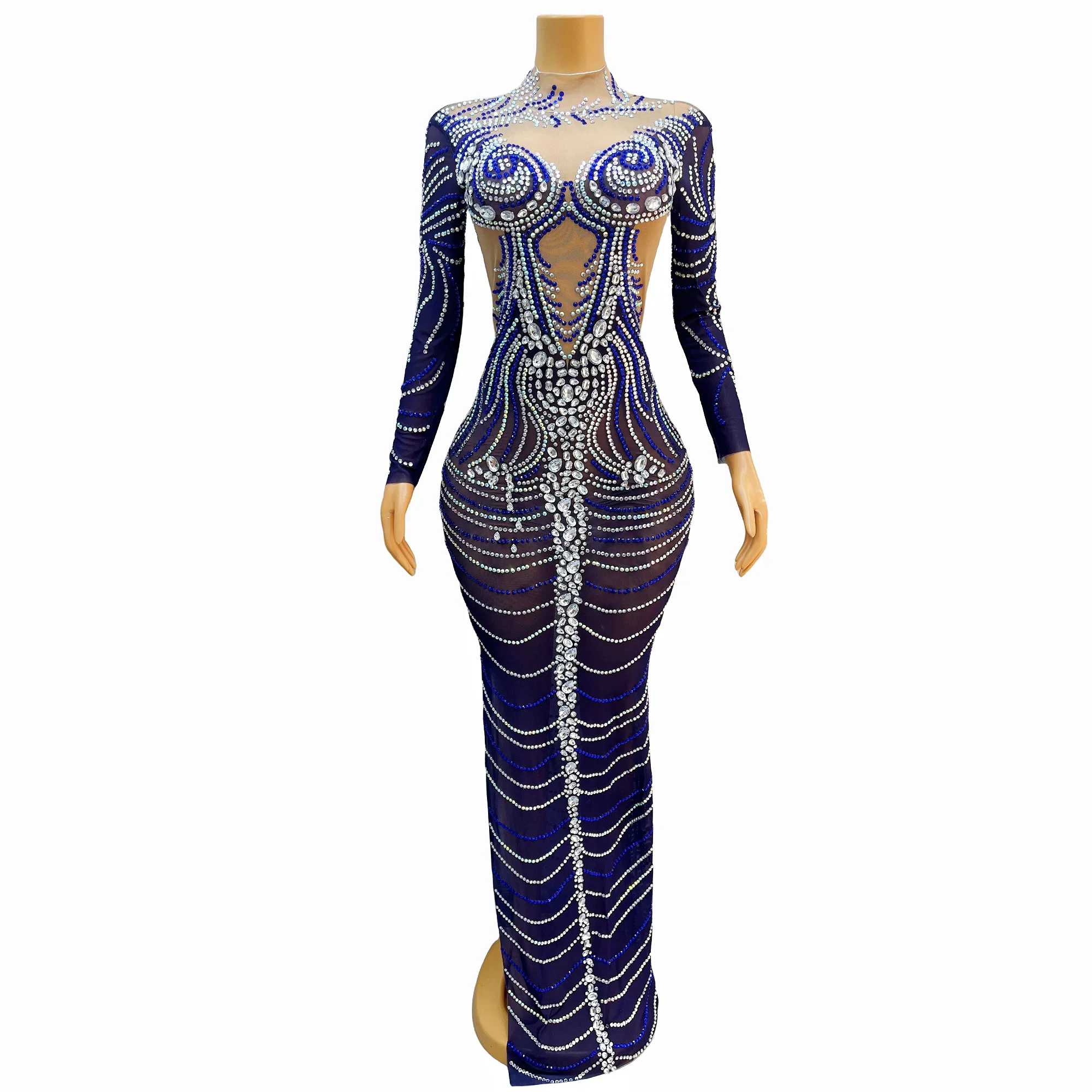 

Silver Crystals Birthday Celebrate Long Dress Blue Outfit Evening Sexy Costume Transparent Mesh Rhinestones
