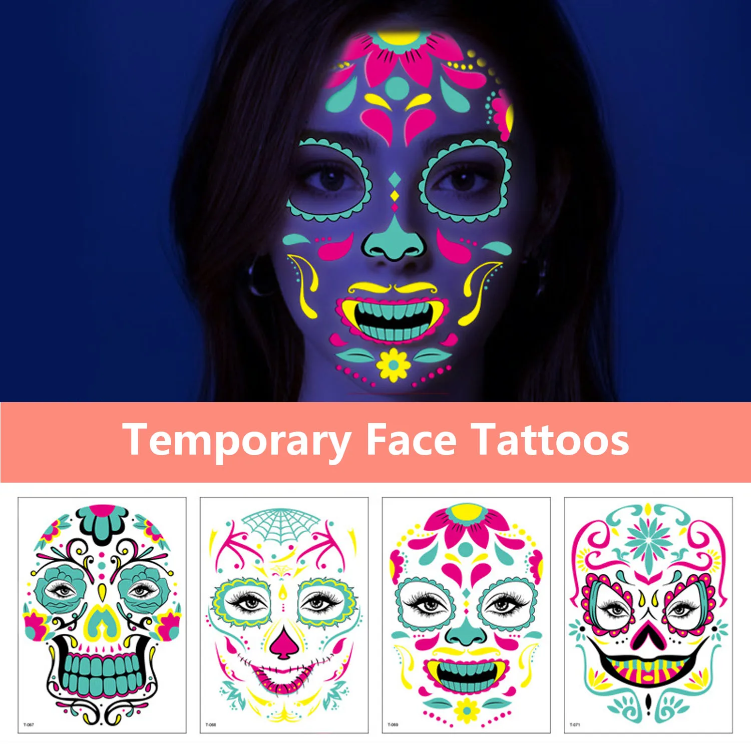 3 Sheets Temporary Face Tattoos Makeup Kit,Sugar Skull Floral Black Skeleton Web Red Roses Full Face Mask Stickers Tattoo