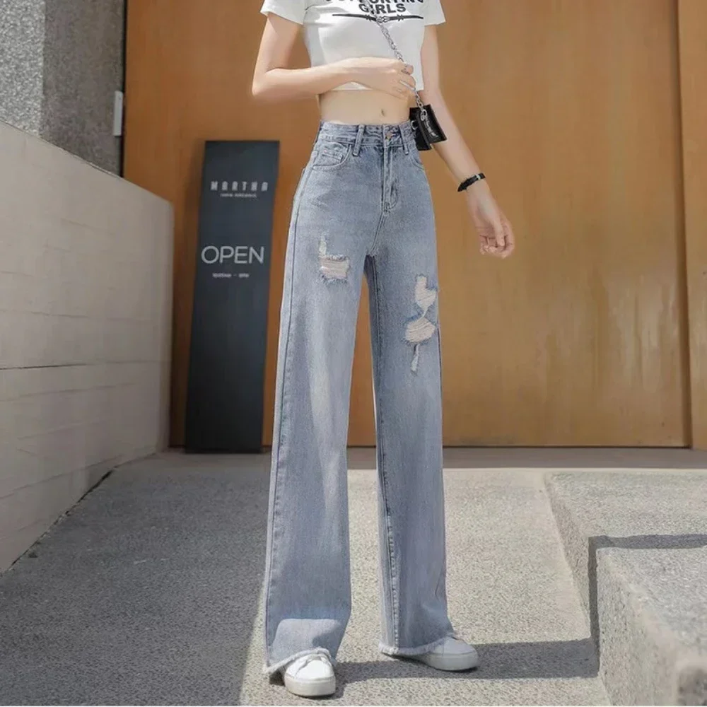 Pants for Woman with Holes Blue Women\'s Jeans Torn Ripped High Waist Shot Trousers Straight Leg Pockets Stretch Pant Hippie Emo