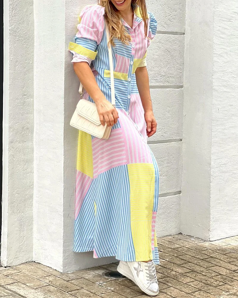 

Women Striped Print Colorblock Puff Sleeve Shirt Dress 2023 Spring Casual Long Dress Elegant Femme Maxi Dress Street Wear