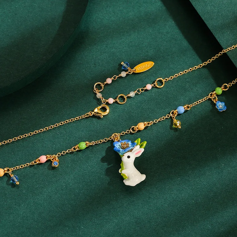New Fashion Enamel Glaze Inlaid Blue Flower White Rabbit Multi Drop Tassel Ring Bracelet Earring Jewelry Set for Women Kids Gift