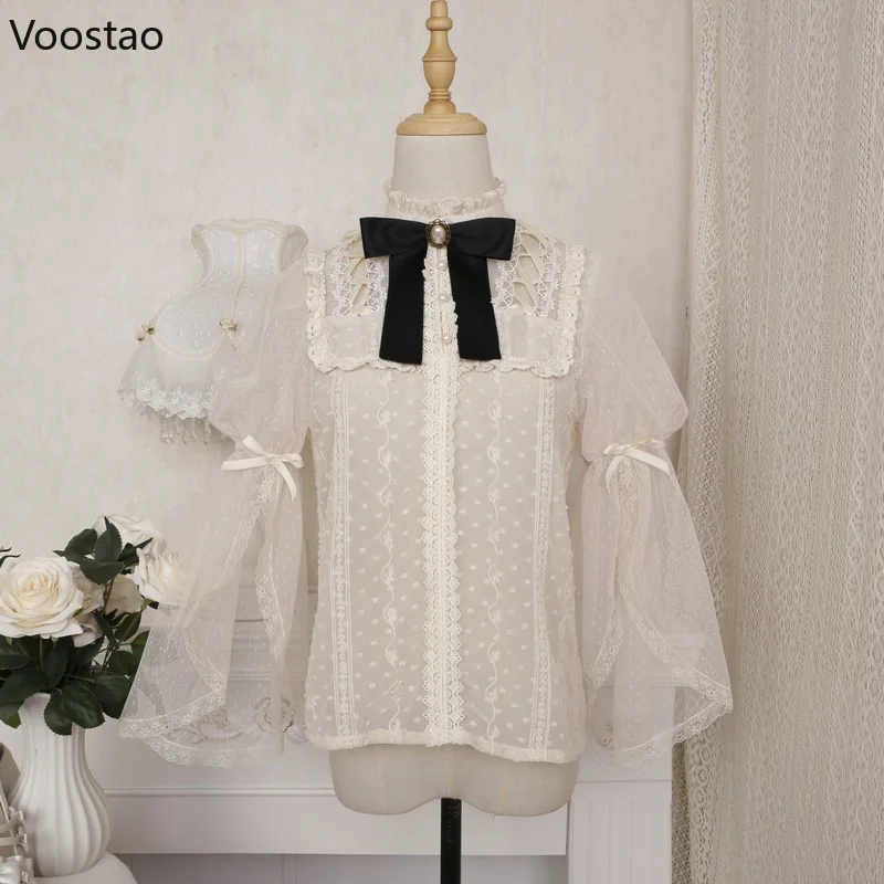 Lolita Dress Victorian Vintage Gothic Women Elegant Chic Lace Mesh Bow Shirts Butterfly Print Skirt Suit Sweet Princess Set