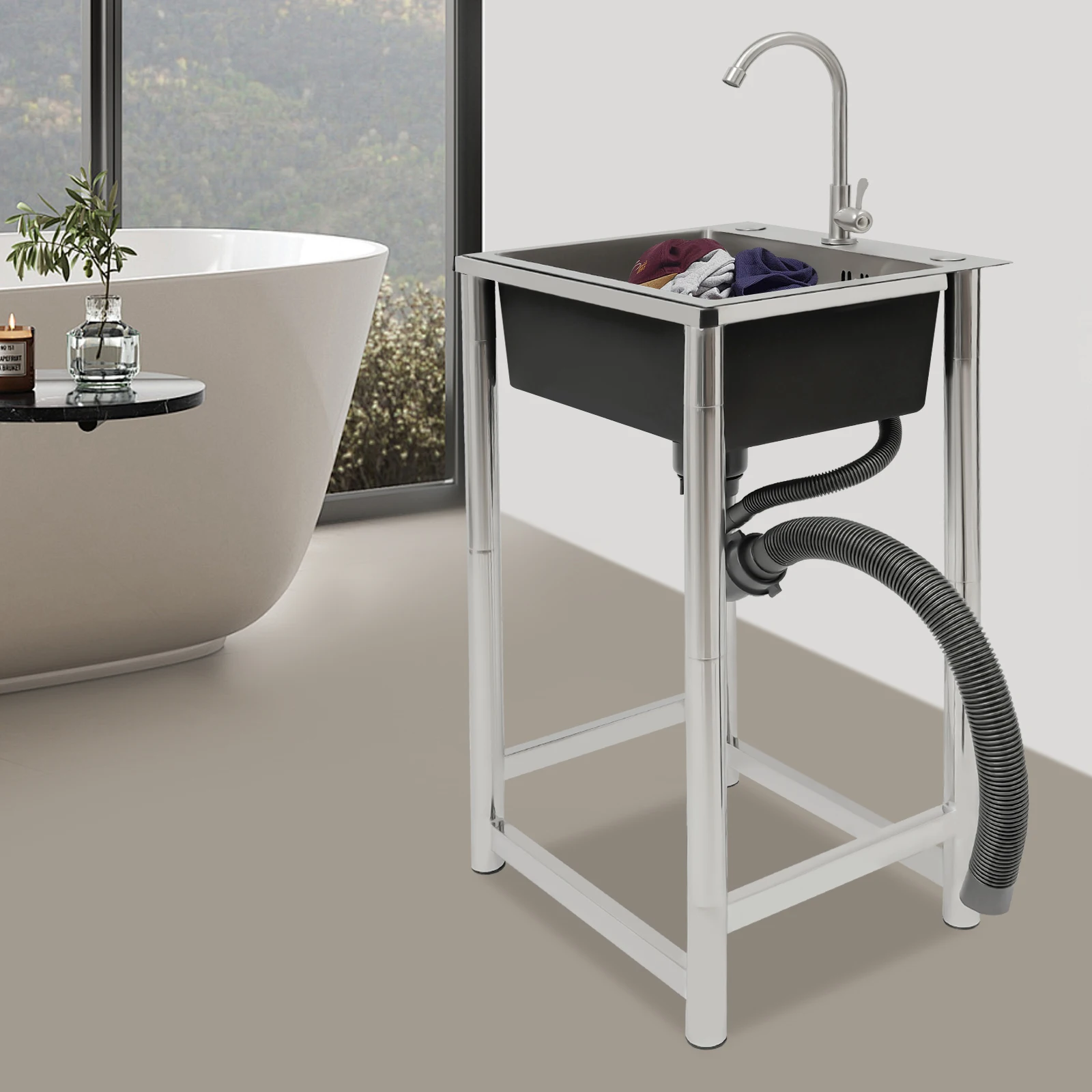 Single Bowl Commercial Sink,Free Standing Sink, Stainless Steel Restaurant Kitchen Cleaning Sink with 360° Rotatable Faucet 4