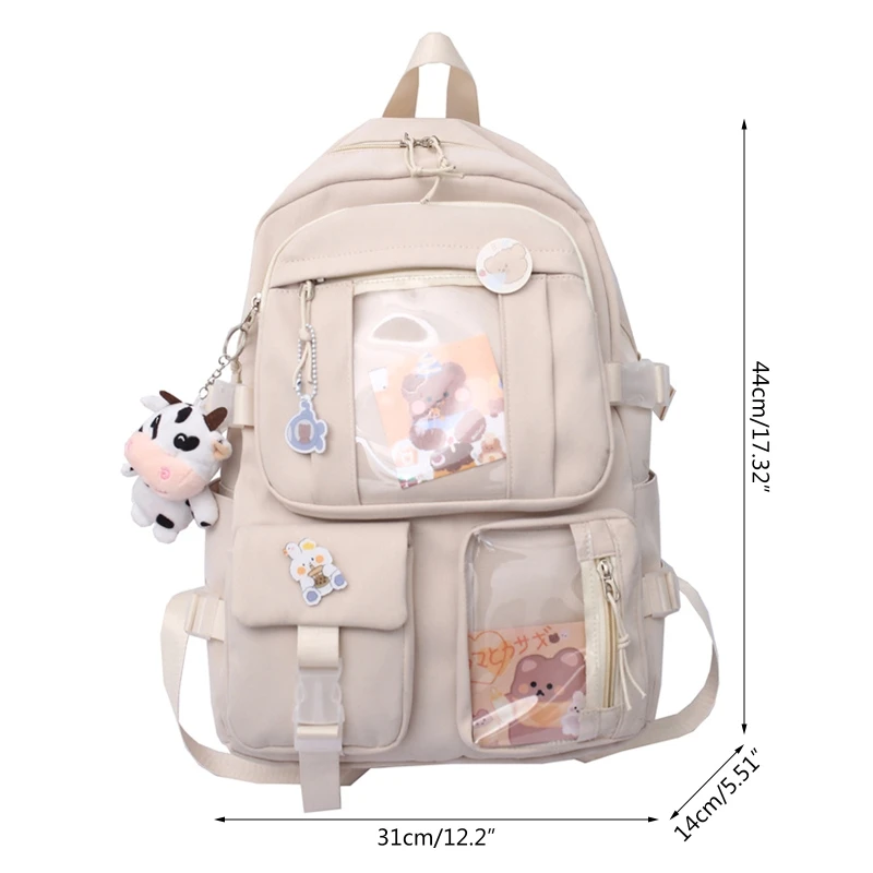 Women Girls Student Backpack Harajuku Japanese Aesthetic Multi-Pocket School Bag with Pendant Laptop Book Pack School