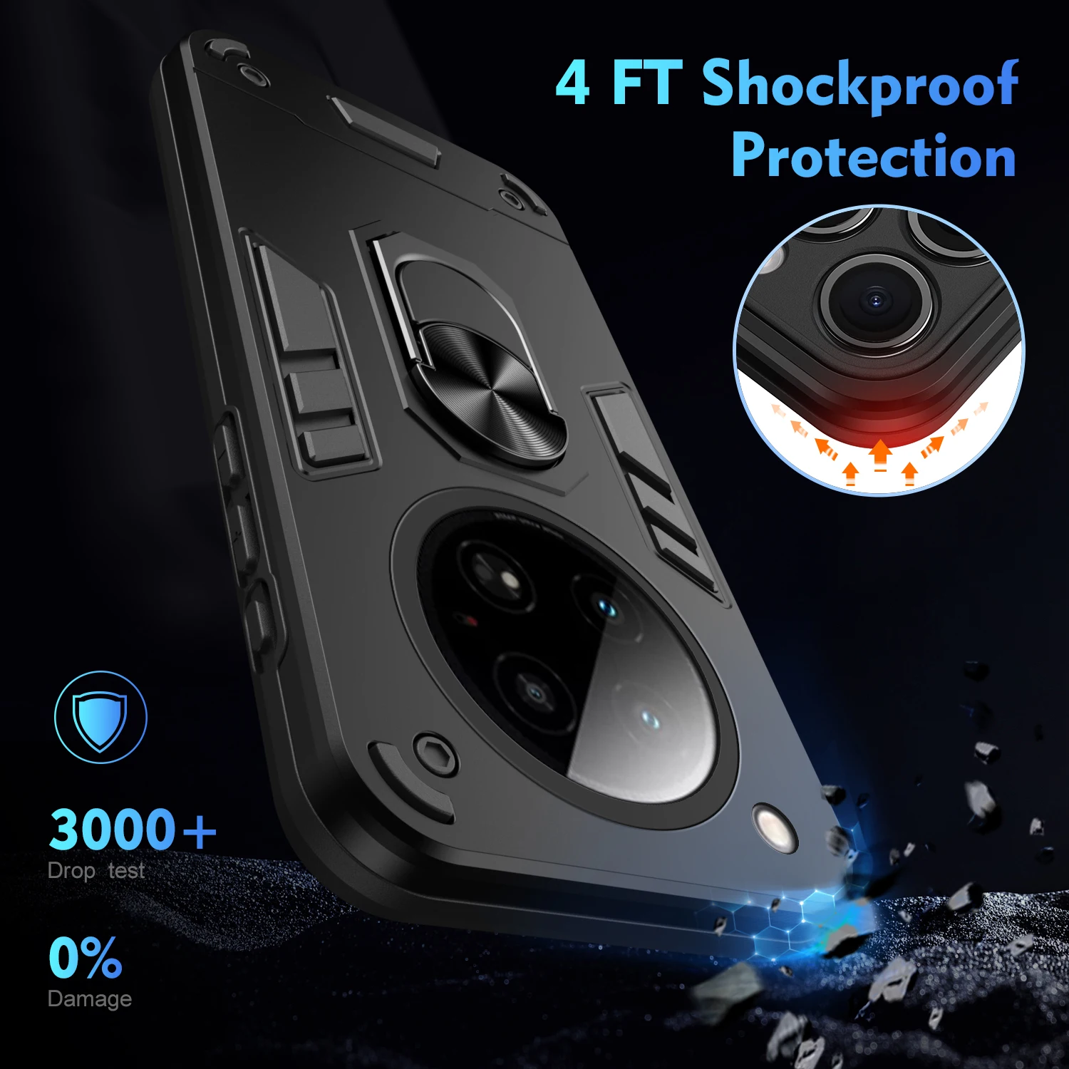 Rugged Armor Shockproof Phone Case with Metal Ring Holder and TPU Frame