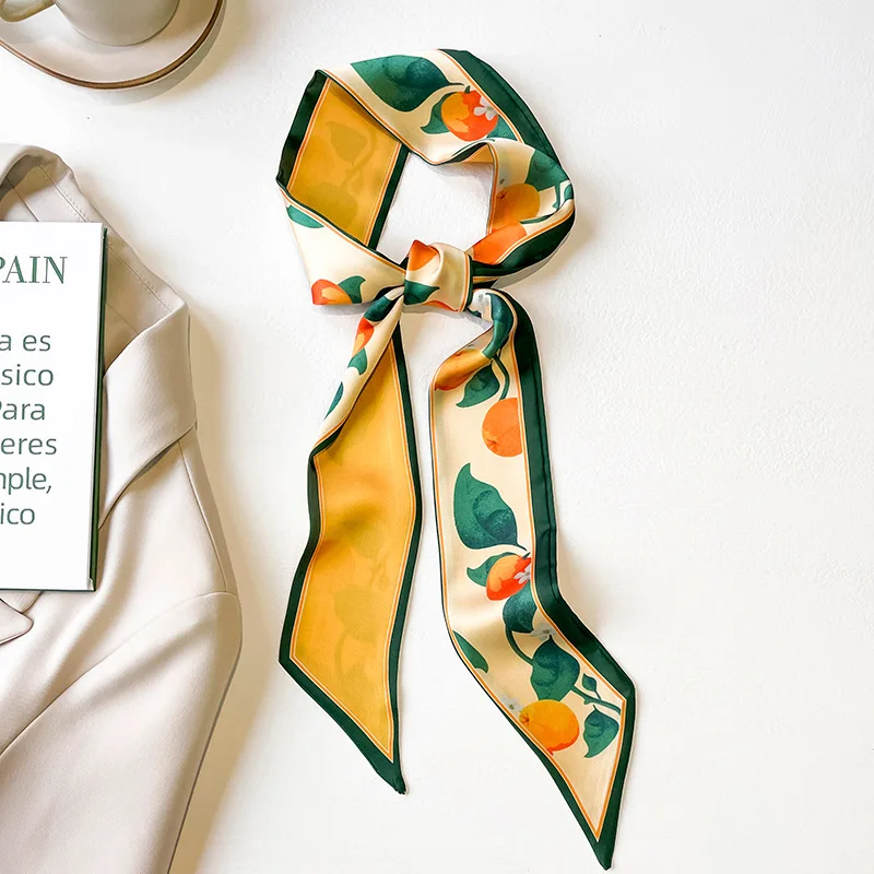 2024 New Korean Fruit Pattern Narrow Long Silk Scarf For Women With Hair Tie Scarf Professional Scarf Ribbon Tied Bag 7X130CM 4