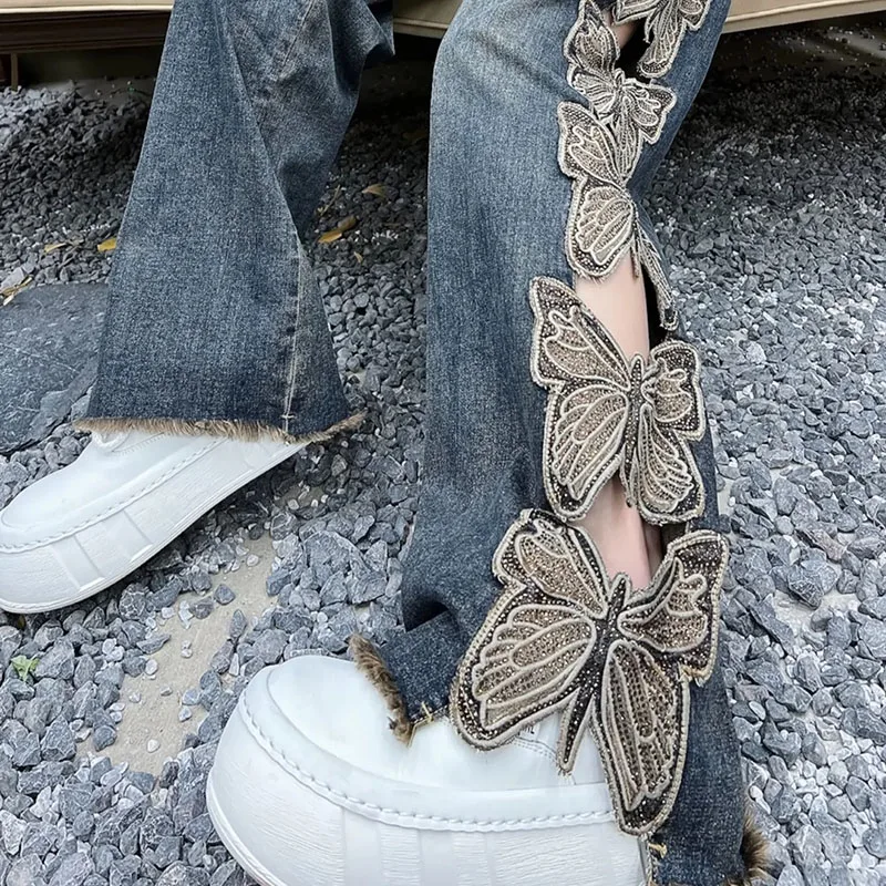 Summer New Butterfly Embroidered Wide Leg Jeans For Women High Waisted Ripped Denim Pants Vintage Casual Straight Leg Trousers