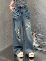 Streetwear Harajuku Jeans for Women Pantalones Vaqueros Mujer Chic Fake Two Denim Trousers Casual Straight Y2k Wide Leg Pants 4