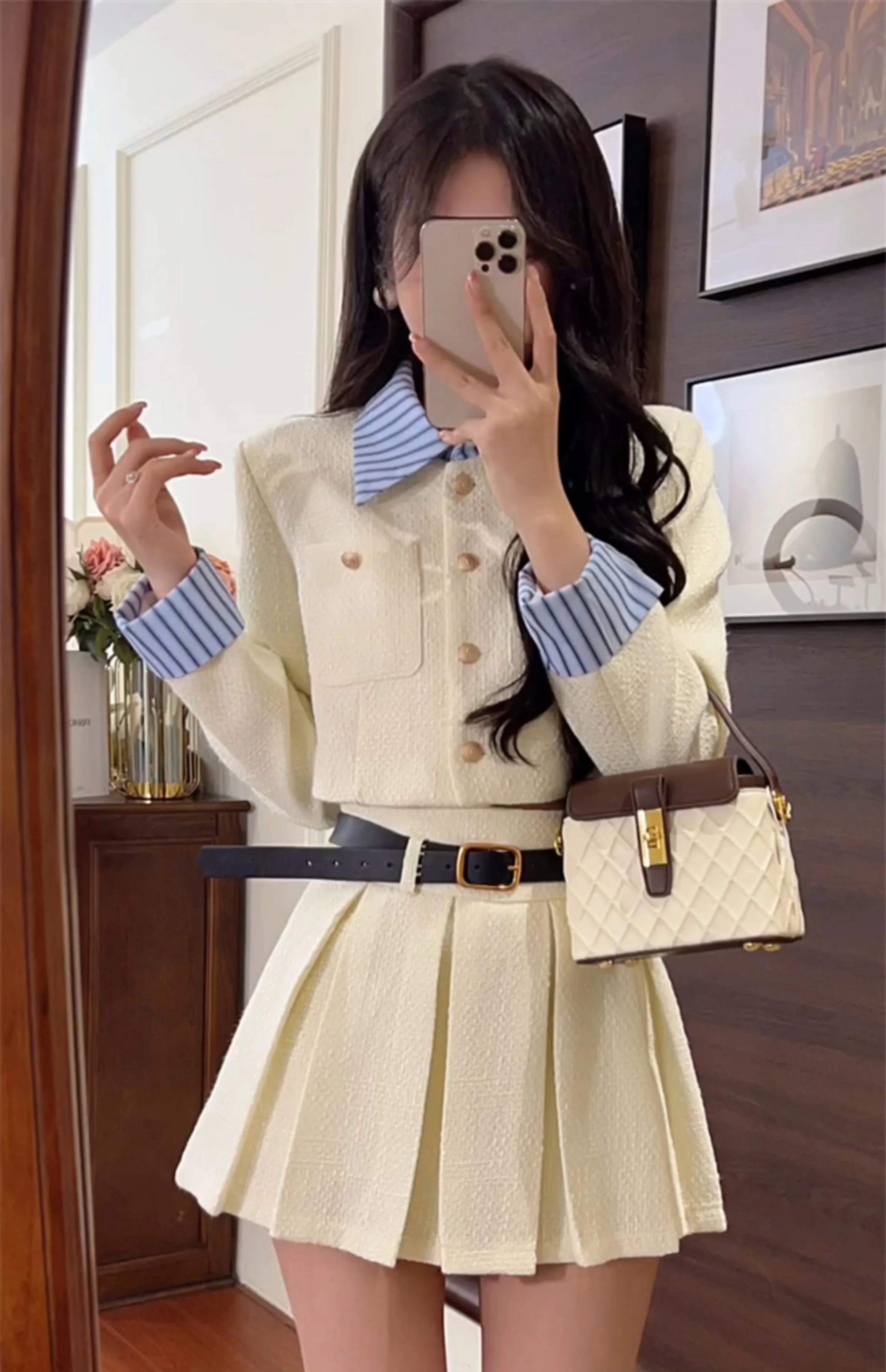 Korean Fashion Elegant Two-piece Skirt Set Women Single Breasted Crop Top Pleated Mini Skirt Preppy Style Autumn New Outfits