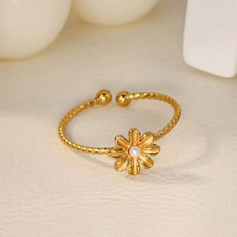 Sunflower Pearl Rings Women Gold Stainless Steel Adjustable Finger Ring