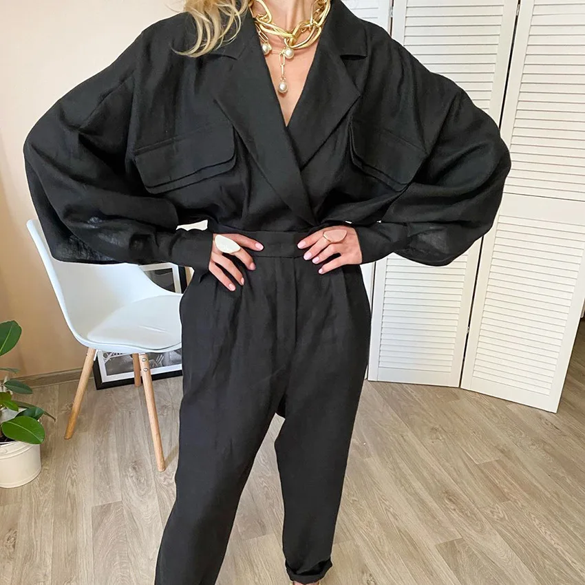 Autumn Fashion Oversize Chic Cotton Linen Breasted Jacket Female Batwing Longs Sleeve Blazers Womens Clothing Jackets Blue Coats