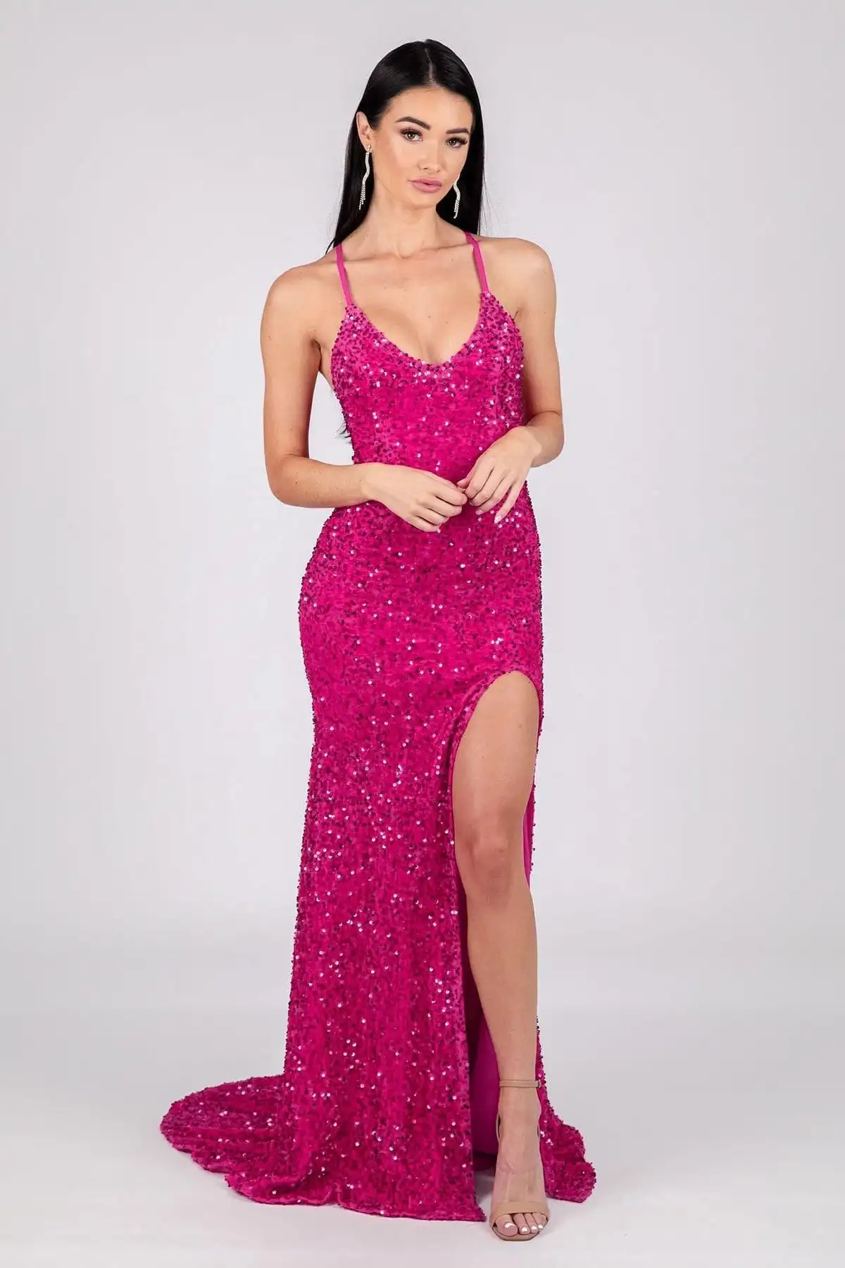 

Women's Velvet Sequin Gown Halter Evening Dress Backless Sparkly Sequin Prom Gown with Side Slit Prom Dresses Straps Sparkly