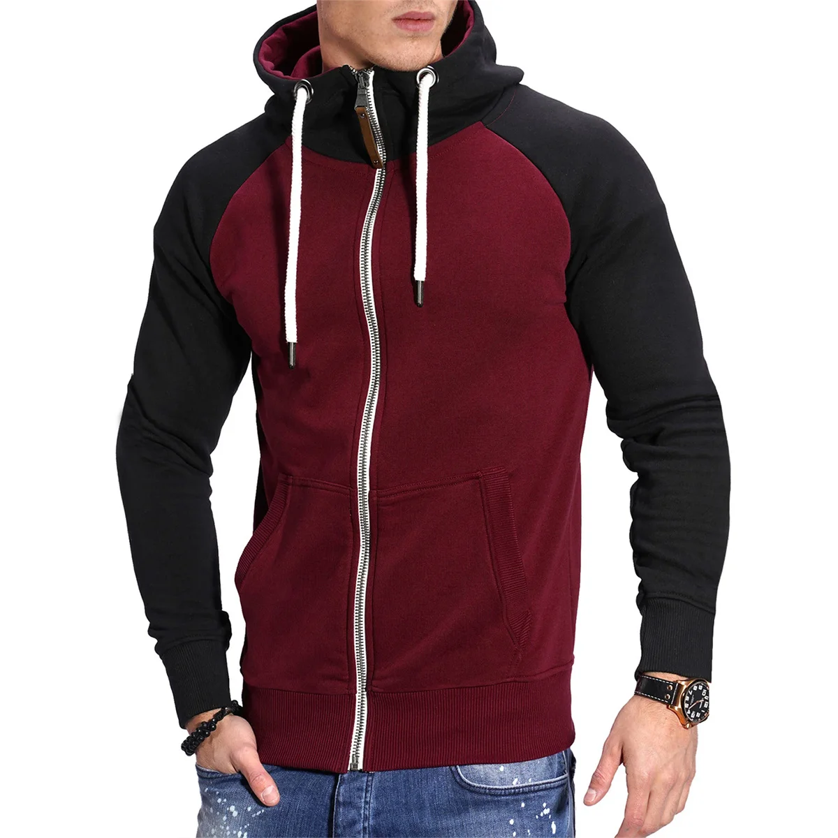 Winter Fashion Fitness Sports Men's Casual Splicing Color, Insert Shoulder Sleeve Hooded Thickened Straight-Through Hoodie 3