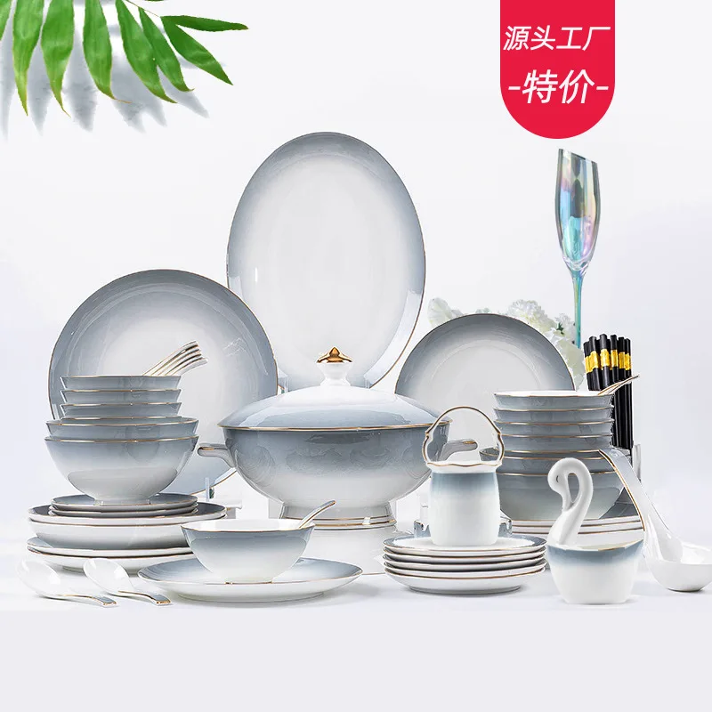 

Tableware Set 58 Head Phnom Penh Gradient Bone Porcelain Tableware Jingdezhen Ceramic Tableware Bowl Plate Household Dish Set