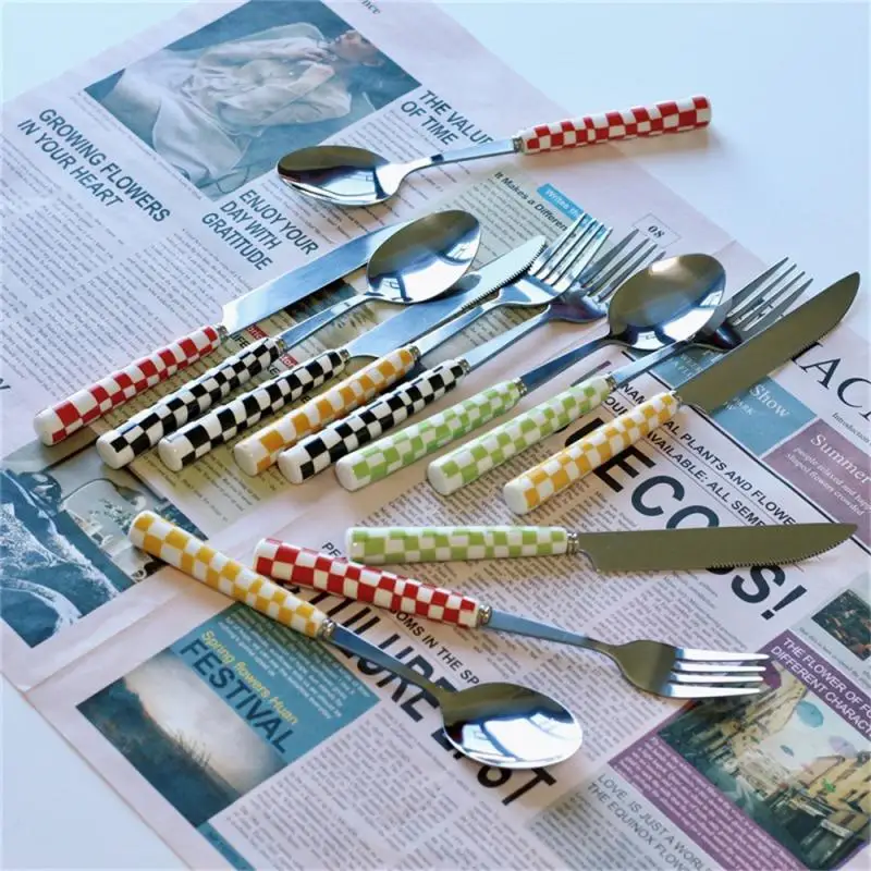 Korea Style Stainless Steel Knife Fork Spoon Three Pieces Creative Checkered Western Tableware Set 3pcs silicone spatula stainless steel spoon silicone kitchen utensils silicone cooking spoon wooden cooking spoon plastic rice spoon cooking scoop