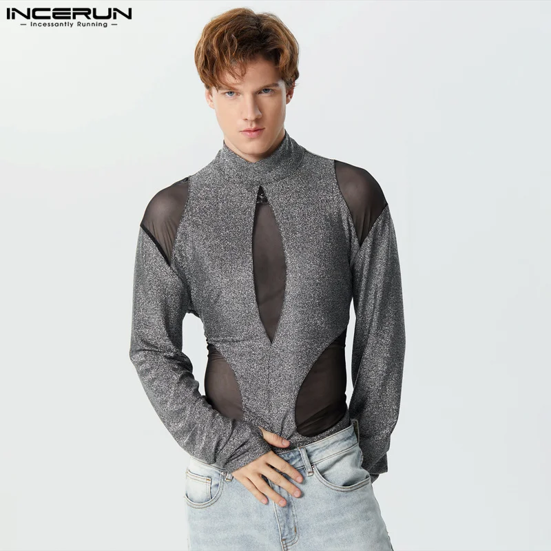 

Sexy Men Rompers Flash Splicing Mesh Perspective Bodysuits Male Half High Neck Triangle Long Sleeved Jumpsuit S-3XL INCERUN 2024