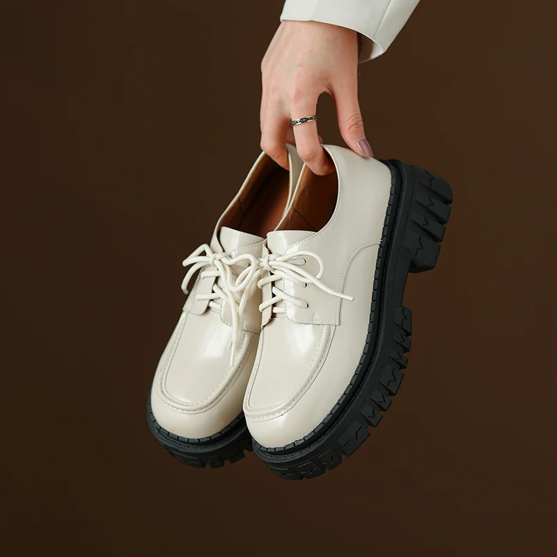 

MythLuo Platform Loafers For Women Chunky Heels Shoes Genuine Leather Round Toe Mid High Heels Thick Sole Ladies Causel Shoes