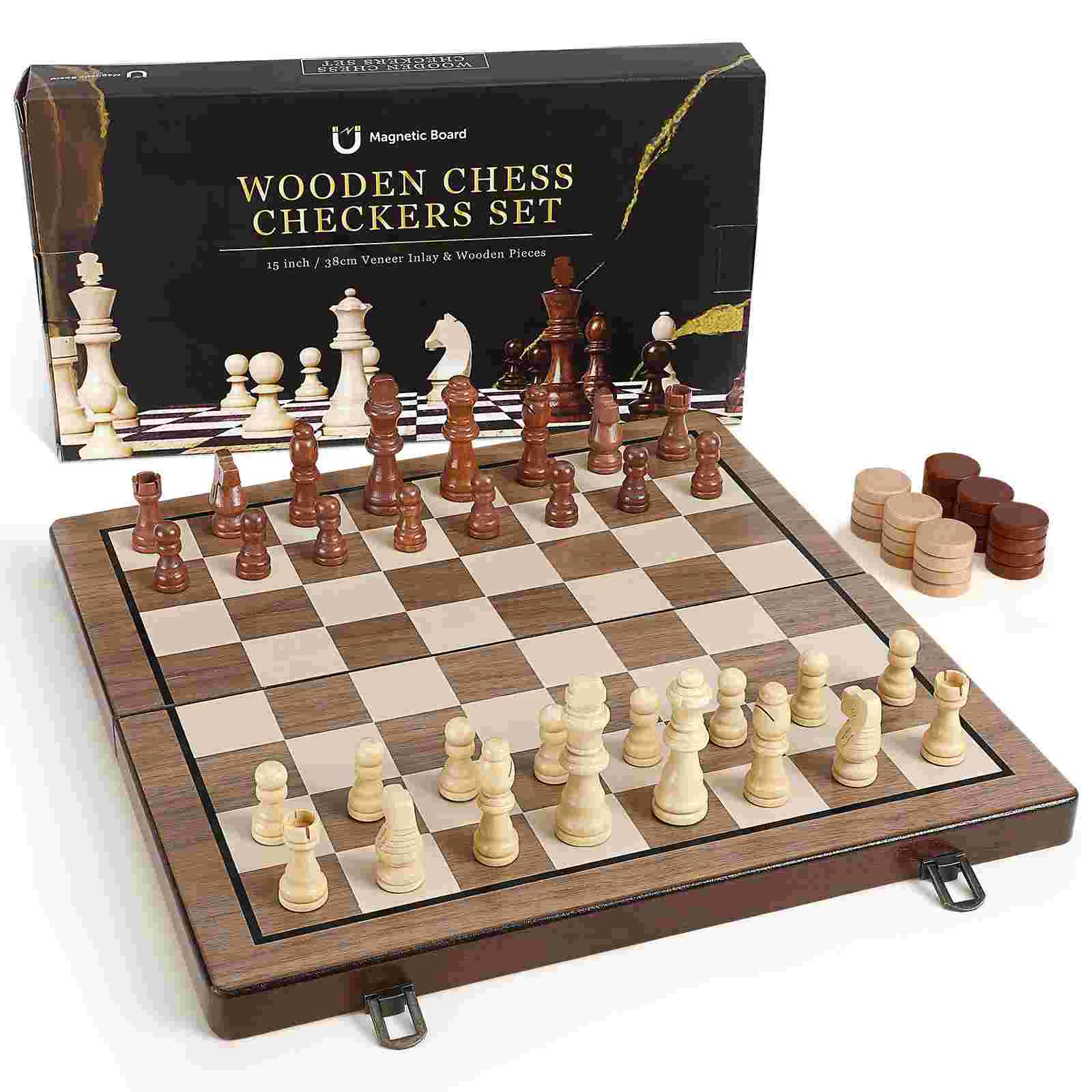 1 Wooden Chess Checkers Board Chess Folding Board Pieces Travel