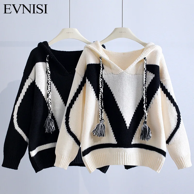 

EVNISI Loose Wool Ladies Hooded Sweater Women high-end long Sleeve knitted Jacquard Pullover Winter Warm Sweaters Female 2023
