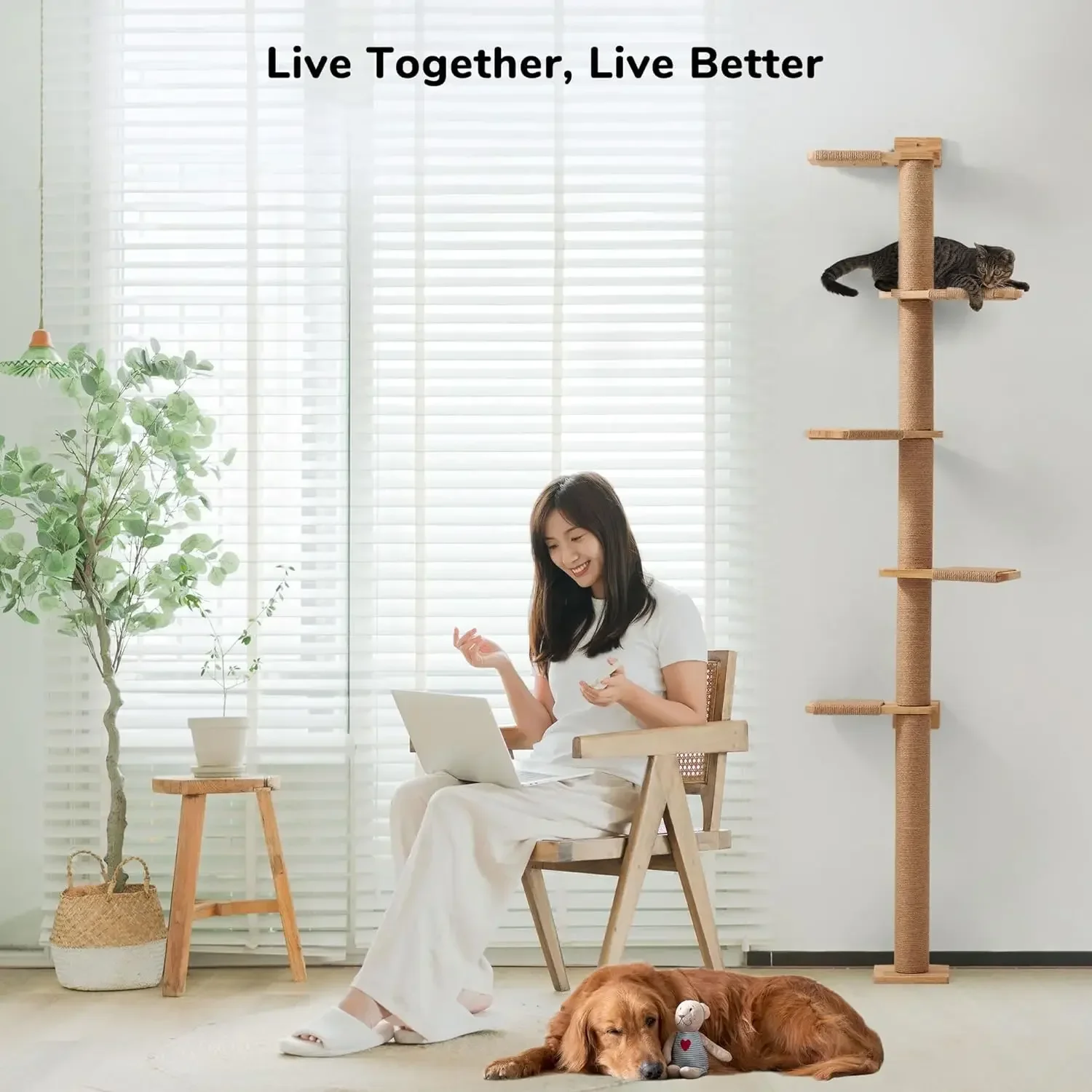 

5 Tier Floor to Ceiling Cat Tower,Wall-Mounted Cat Scratching Post,Wild Simulation Cat Wall Shelves,Suitable for Cats Climb