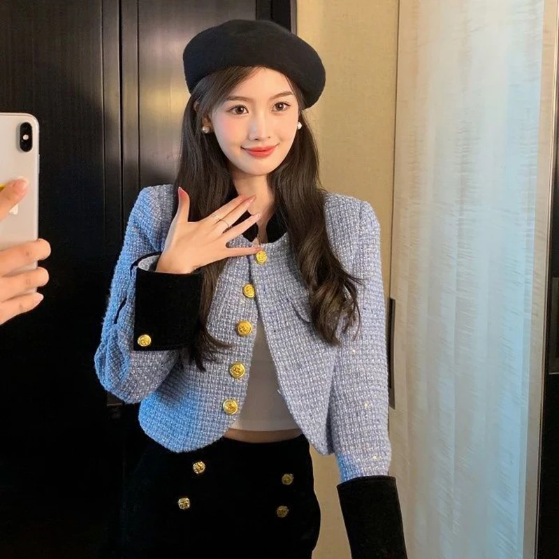 Elegant Women Tweed Cropped Jacket 2023 Korean Fashion Long Sleeve Vintage Coat All-Match Button Patchwork Casual Outwear Top