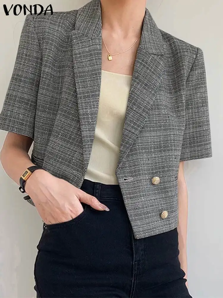 

Fashion Suits 2023 VONDA Women Elegant Blazer Summer Short Sleeve Lapel Solid Color Loose Blazer Double-breaste Office Outwear
