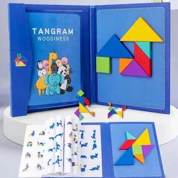 1Set Wooden Magnetic Tangram Puzzle Book Educational Toys For Children Baby Kid Portable Montessori Learning Intelligence 1