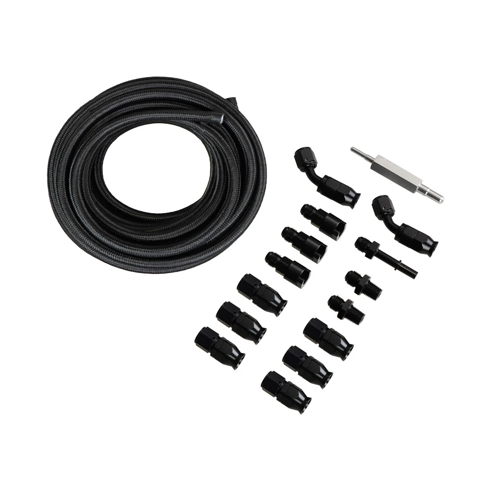 6AN 3/8 PTFE Swap EFI LS Fuel Line Fitting Kit E85 Nylon Braided Fuel Hose  25FT