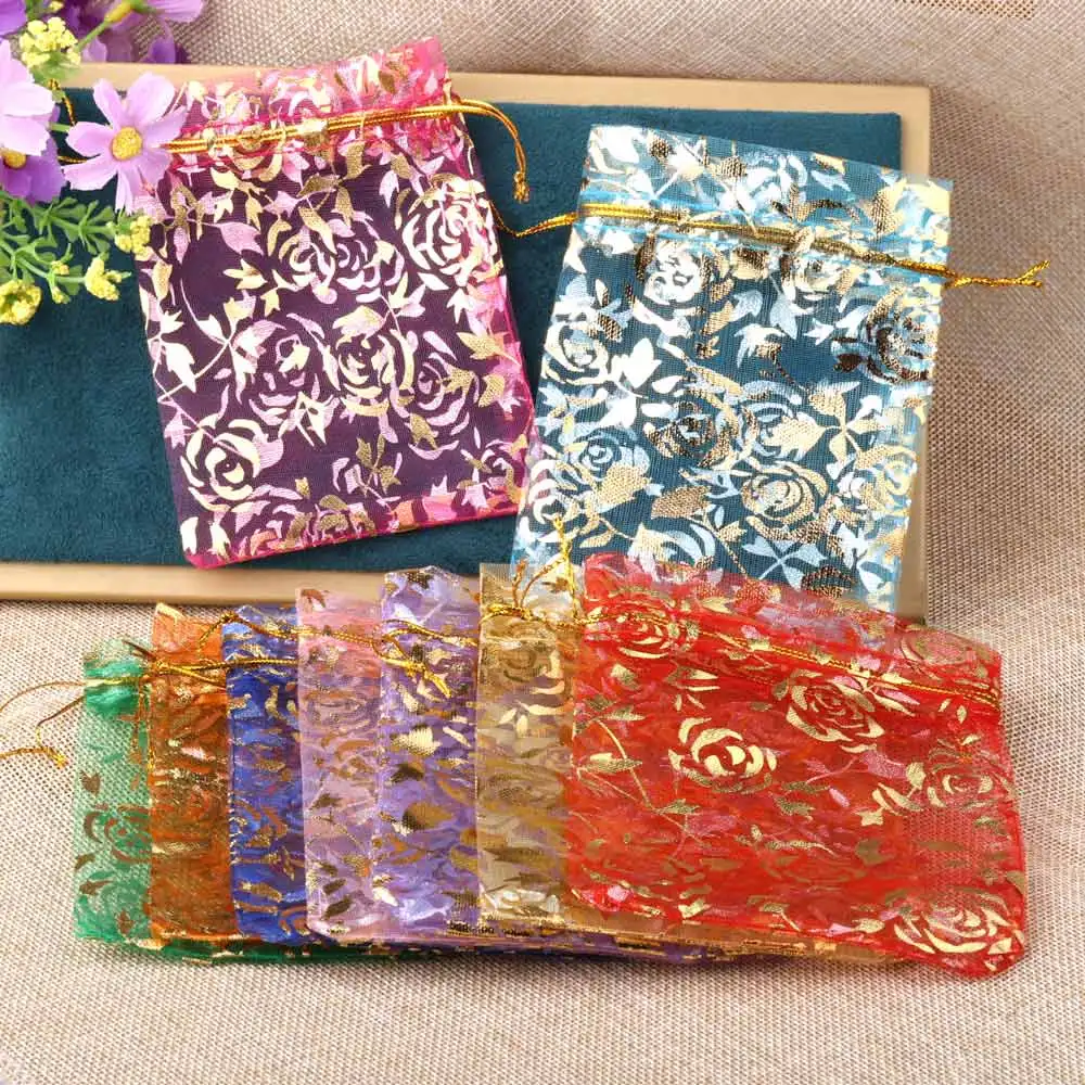 50pcs/lot Organza Drawstring Bag Colorful Hot Gold Color Rose Print Gifts Pouches Wedding Christmas Party Candy Jewelry Packing