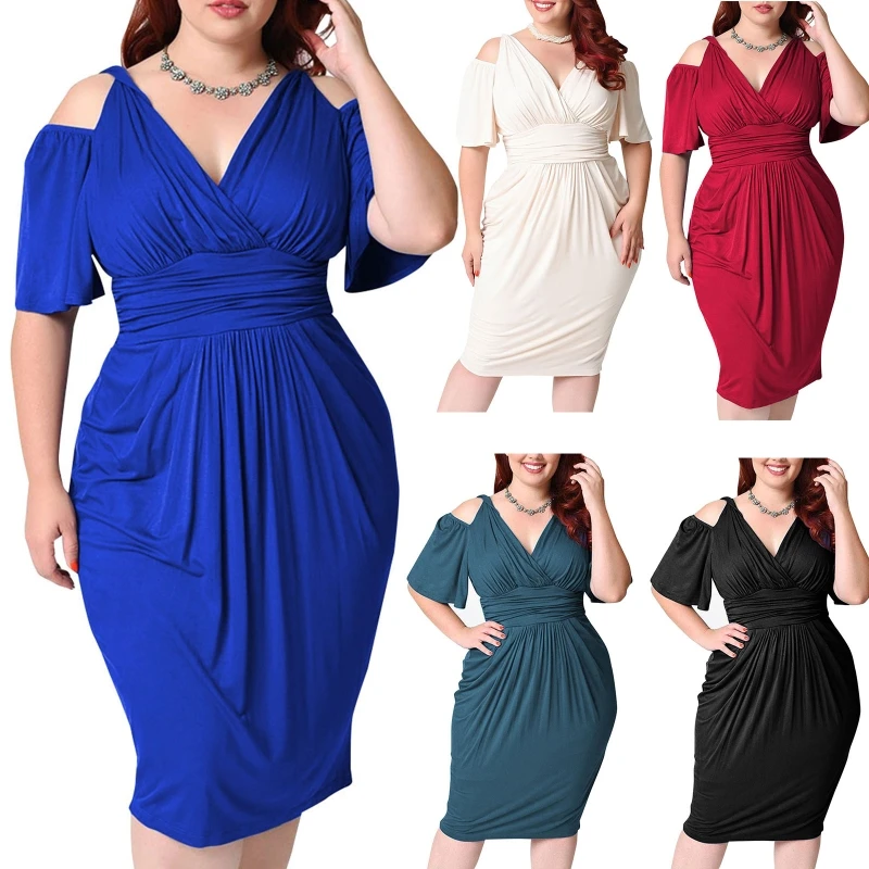 

Women Short Sleeve Sexy Cold Shoulder Bodycon Midi Pencil Dress Wrap Deep V-Neck Waist Ruched Clubwear Dropship