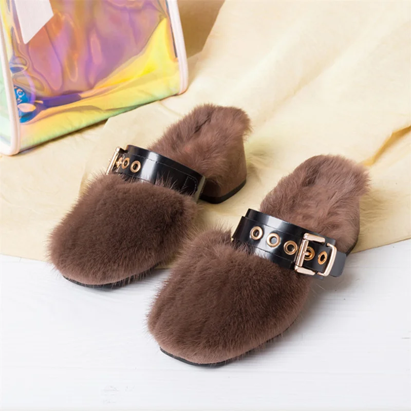 Fur Slippers Thick Sole Thick Heel Mink Fur Non-Slip Slippers Flip-Flops Women's Sandals Women's Fashion Soft Sole Lndoor Slides