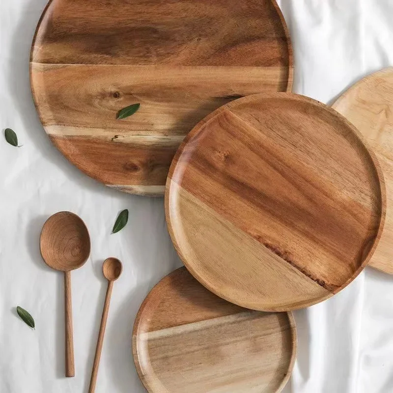 Natural Wooden Round Serving Tray for Food