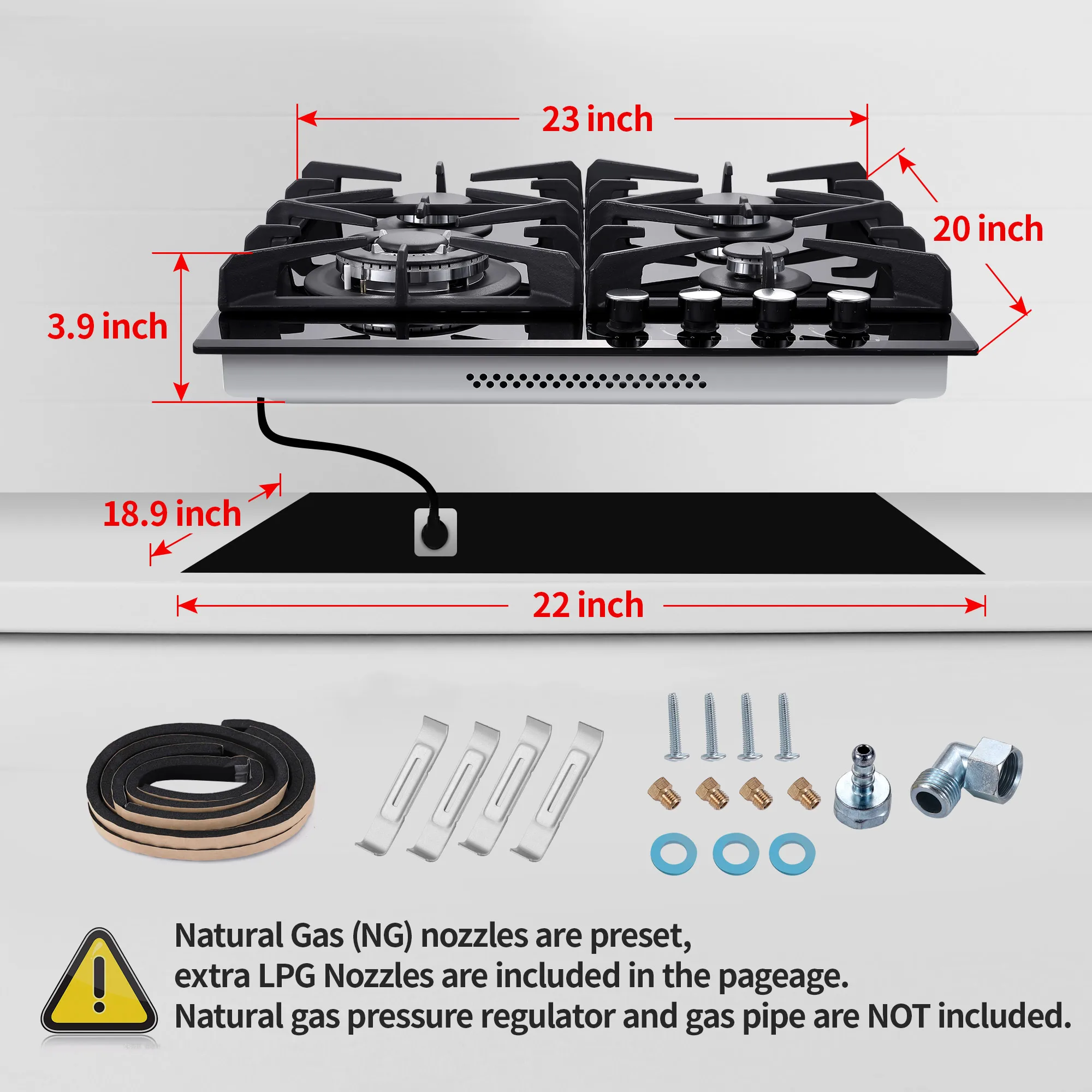 24 Inch 4-Burner Gas Cooktop | Dual Fuel NG/LPG Convertible | Thermocouple Protection & Built-in Design | Tempered Black Glass 3