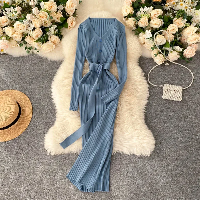 Bodycon Elastic Knitted Dress Women 2026 Autumn Winter Long Sleeve ...