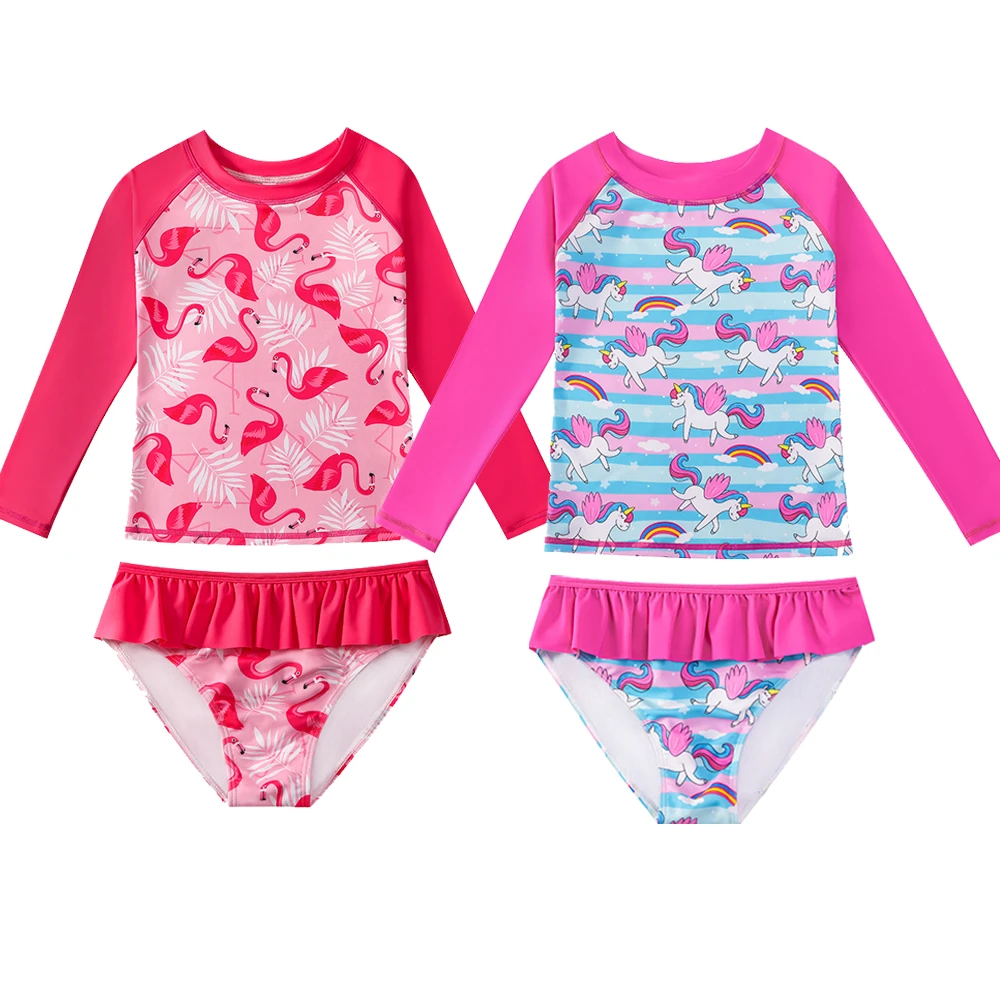 Kids 2Pcs Girls UPF 50+ UV Swimming Suit Round Neck Long Sleeves