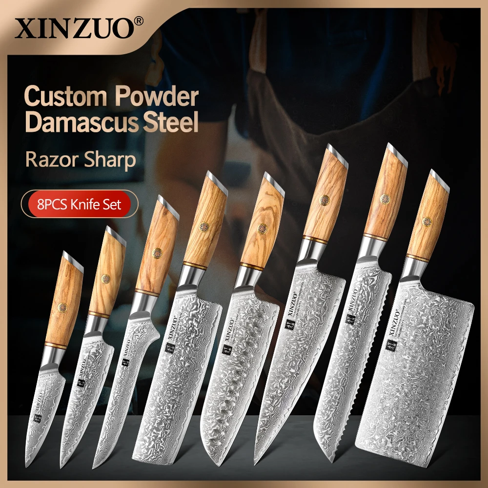 Xinzuo 8pcs Chef Knife Set Custom Damascus Steel High Carbon Santoku Fishing Sharp Cooking Knife