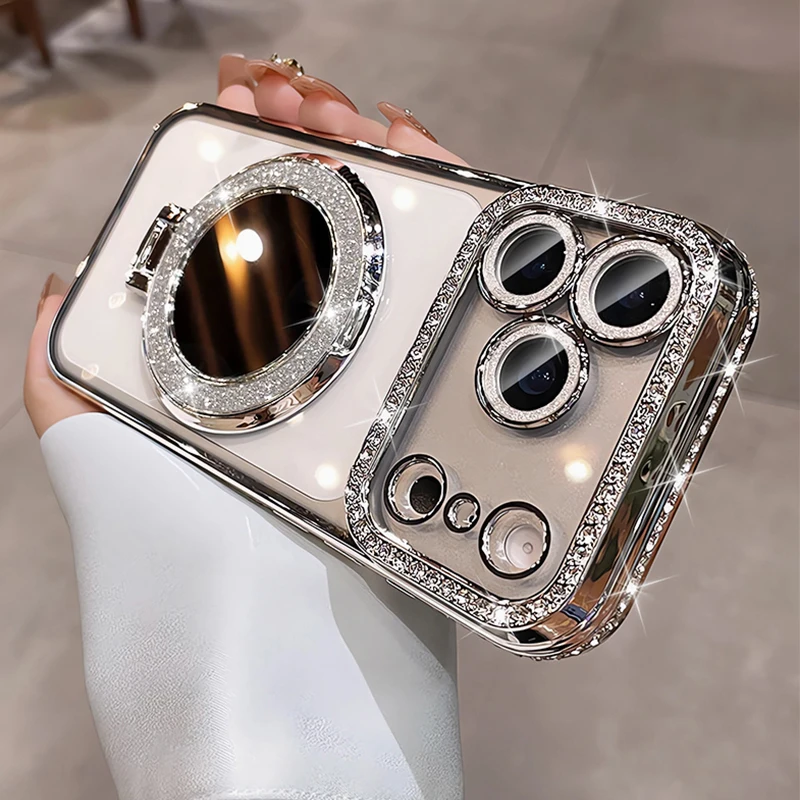 Glitter Lens Film Mirror Stand Clear Phone Case For iPhone thumbnail 2