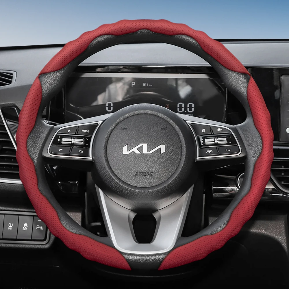 Suitable for Kia Steering Wheel Cover with Wavy Sports Design, Breathable Leather, Segmented Anti-Slip, Sweat-Absorbing Protective Cover for Ceed, Picanto, Sportage 3, Rio 4, Ev3, Cerato 2, Stonic, Xceed, Morning, K5
