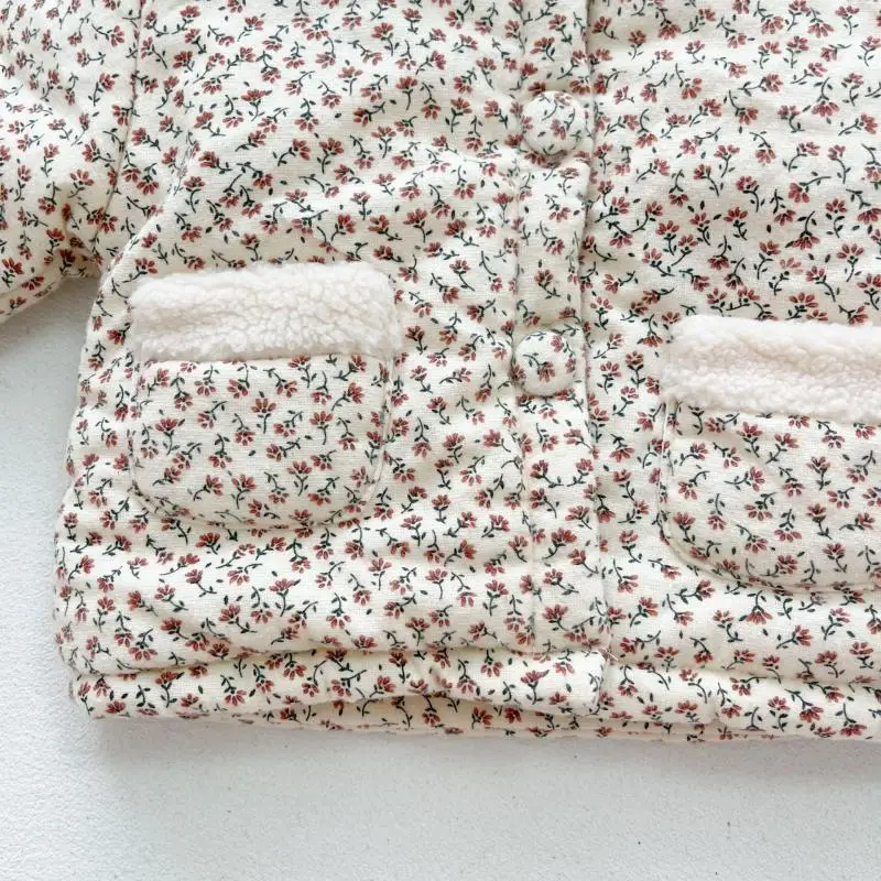 Kids jackets Autumn winter children plus velvet flower print cotton coat