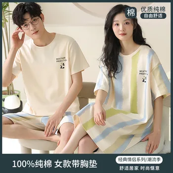 Moda coreana 100% cotone Homewear per gli amanti Donne e uomini Pigiama coordinato Set Pjs estivi Pigiama Camicia da notte Pantaloncini Loungewear 1