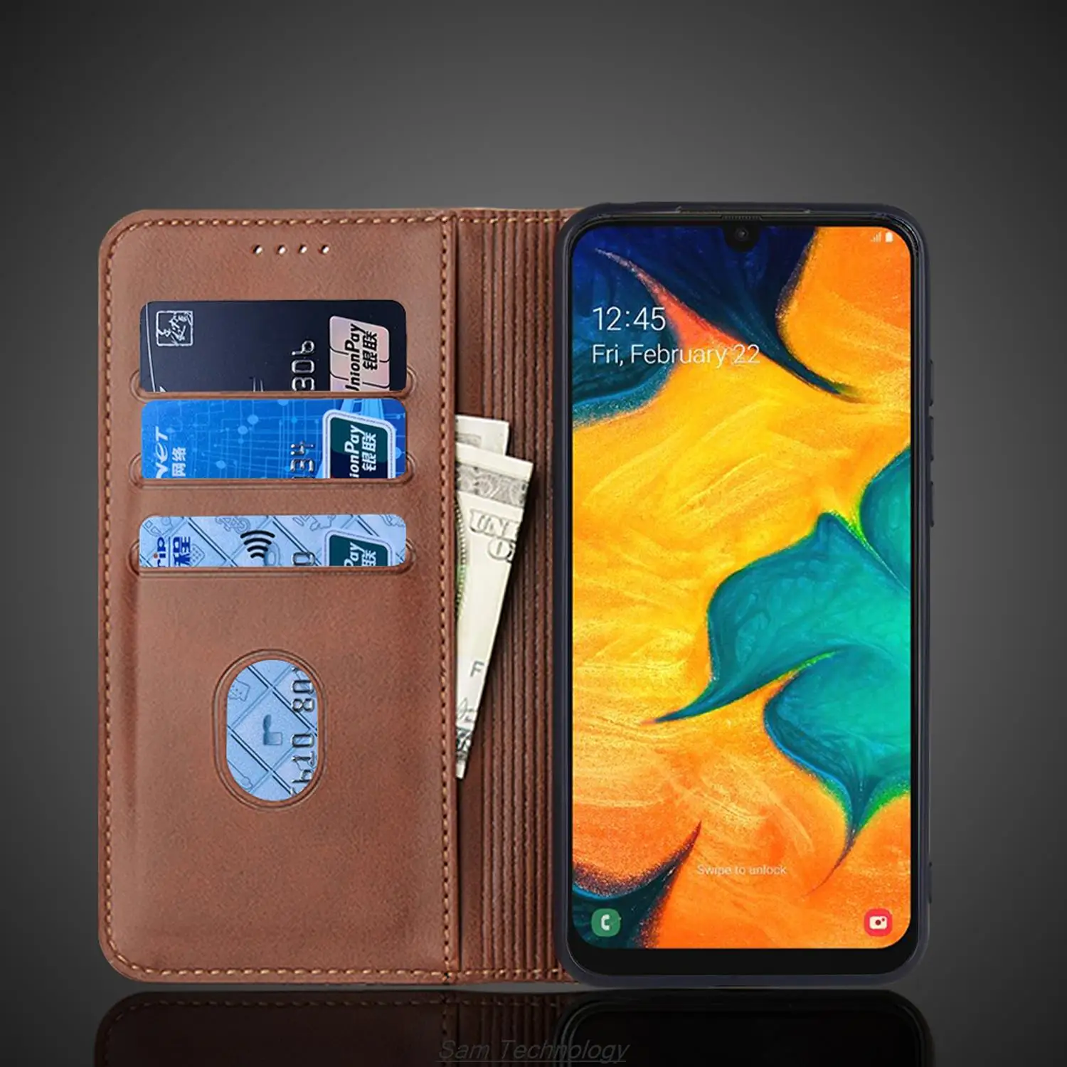 삼성 갤럭시 A20 갤럭시 A30 용 마그네틱 어트랙션 가죽 케이스, 홀스터 플립 커버 케이스, 지갑 휴대폰 가방, Fundas Coque