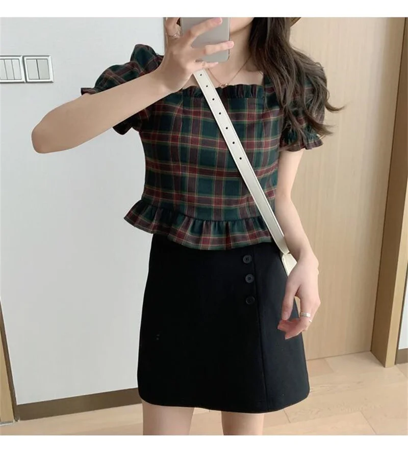 PLAZSON 여성용 격자 무늬 프린트 블라우스, 반팔, 스퀘어 칼라 블라우스, 블라우스 셔츠