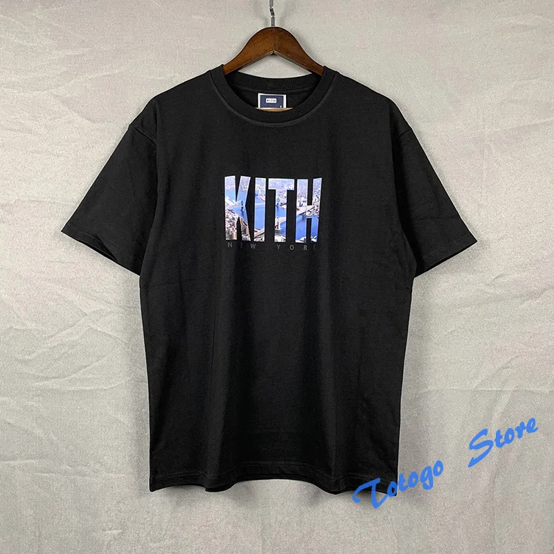 

Men Women 1:1 Casual New York Landmark Print KITH T Shirt Hip Hop Loose Kith Tee Tops Black White Apricot Short Sleeve