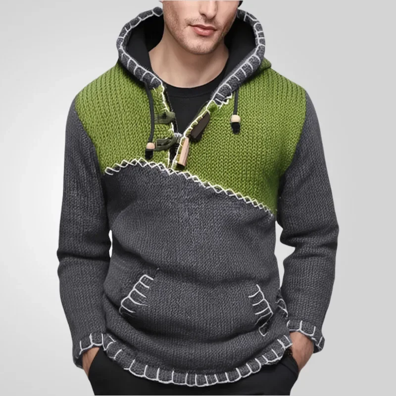 American Men's Fashion Long-sleeved Color-blocked Knitted Sweater. Casual Hand-crocheted Hooded Pullover Sweater. M-XXXL 2
